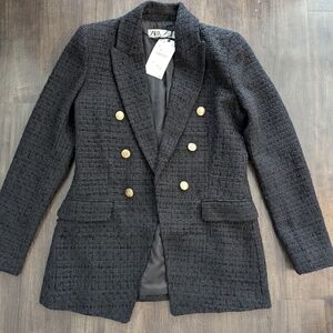 Black Tweed Blazer with Gold Buttons